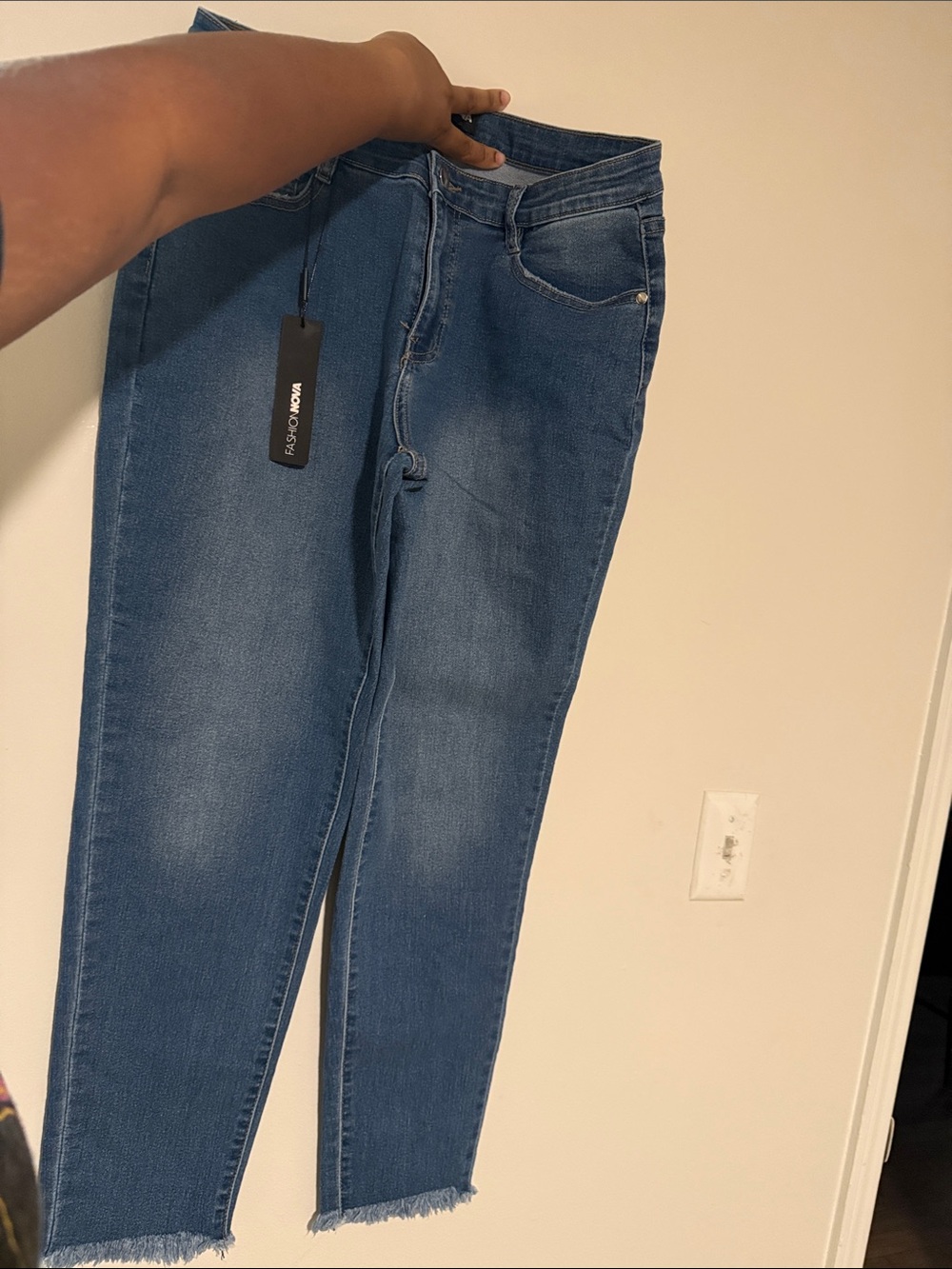 Fashion Nova Dark Blue Skinny Jeans with Frayed Hem